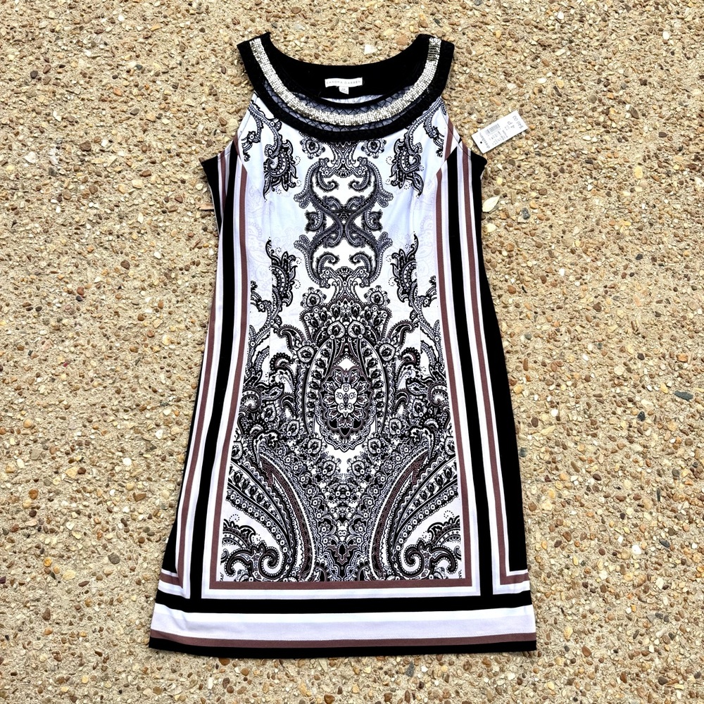 NWT Sandra Darren Dress Barn Black White Paisley Gold Bling Dress Size 4P - Picture 1 of 8